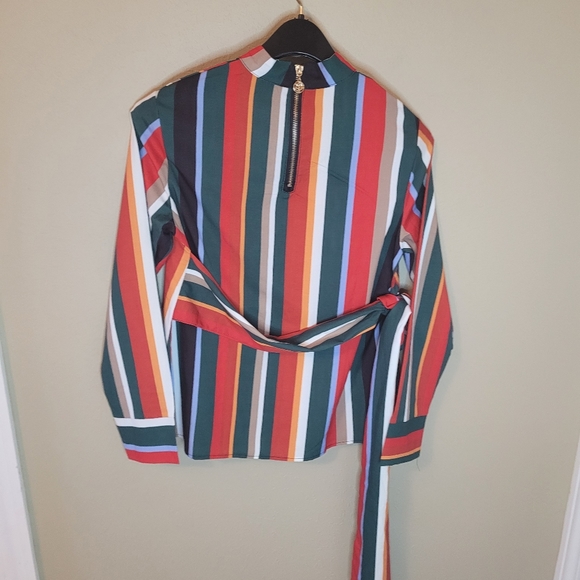 Muriell's Closet blue, red, green, gold, and white striped blouse. Size … - Picture 10 of 12